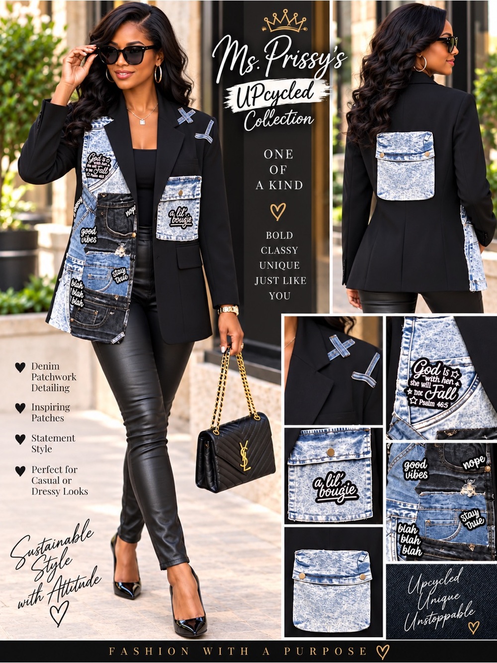 Ms. Prissy's Upcycled Denim Patch Blazer - Black with Blue Denim